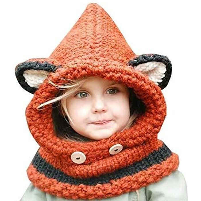 1 Set Bonnet Echarpe Set Hiver Cagoule Renard Unisexe Bebe Enfant