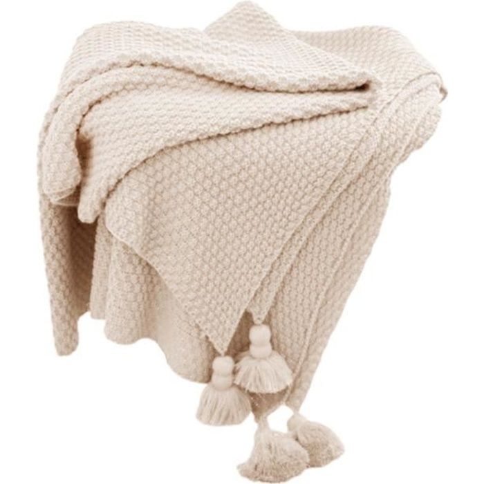 Couvre-lit couverture en tricot avec pompons couverture décorative légère et chaude couverture de Beige 120x150cm