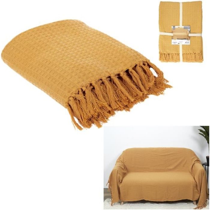 Jete De Canapé Gaufre Jaune Ocre 130x160cm - Coton - Déco Textile Maison