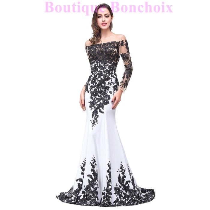 Robes De Soiré Cérémonie Mariage Femme Longue Manches Longue Blanc Et Appliques Noir Elegant