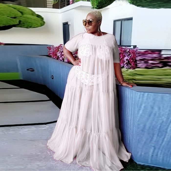 Robe longue en maille a volants pour femmes CM.YAYA ourlet transparent robe trapeze manches courtes Blanc Cdiscount Pret a Porter