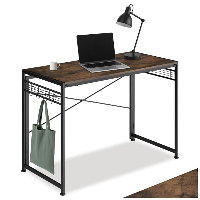 Bureau - TECTAKE - Bureau PATERSON pliable en bois et acier au style industriel avec 8 crochets 102 x 51 x 77 cm - Bois foncé