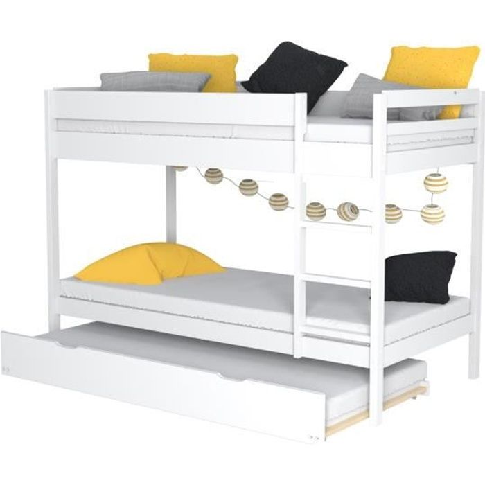 Lit superposé avec tiroir lit - 3 x 90 x 190 cm - Bois Pin massif - Blanc - Sommiers inclus - WALLY