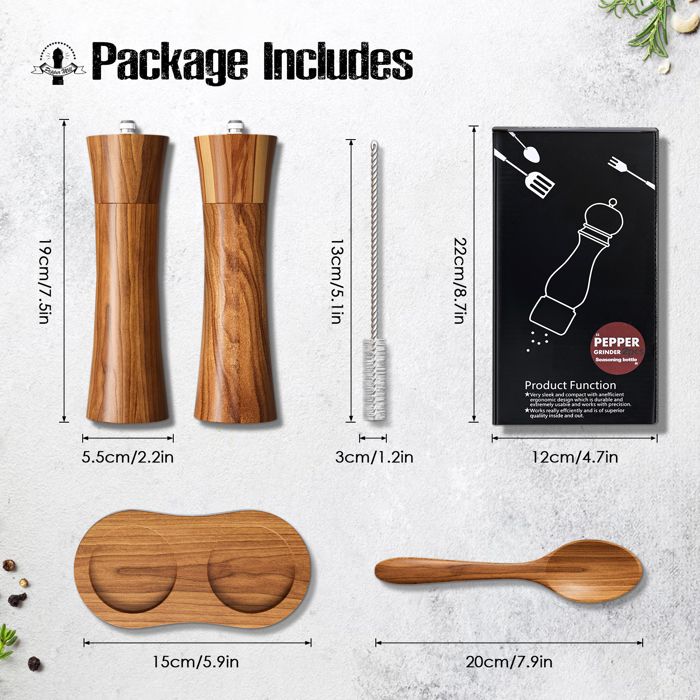 Lot De 2 Moulins à Sel Et Poivre En Bois Jepsen 20,3 Cm - Noyau Céramique Réglable Et Rechargeable