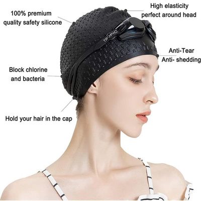 Keenso Bonnet de bain de sport, 1 pièce unisexe en silicone extensible confortable pour cheveux longs Bonnet de bain protecteur d'oreille pour piscine (Noir