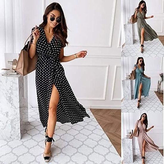 Robe Polka Dot Mi-Longue - Imprimé Point Col V Manches Courtes - Tunique Casual Pin-Up - Soirée Chic Élégante