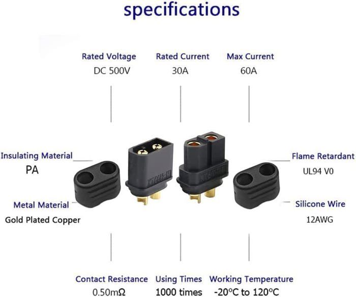Connecteurs XT60 – 10 Pièces (5 Paires) – Dorés – Nylon – Pour Drone, Voiture RC – Intensité Max 60A