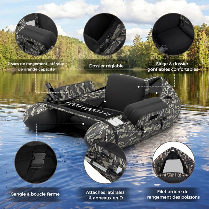 Float Tube Gonflable 1 Place Avec Support De Canne - Bateau De Pêche Portable Avec Pagaie Et Pompe - Capacité 150 Kg