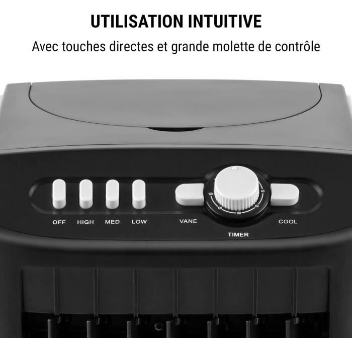 oneConcept Climatiseur Mobile 3 en 1, Portable avec Humidificateur, Ventilateur, Sans Évacuation, 2 Pack Glacons, 4 Roulettes, 3 Modes, 70W, Puissant Débit d'Air 400m³/h