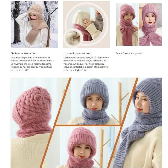 Bonnet Coupe-Vent avec Protection auditive intégrée, Chapeaux écharpe à  Capuche d'hiver 2 en 1 pour Femmes