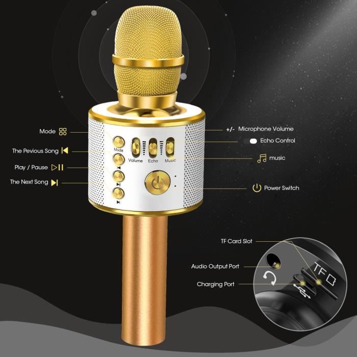 Microphone Karaoké Sans Fil BONAOK - Bluetooth, LED Colorées, Haut-parleur Intégré - Or