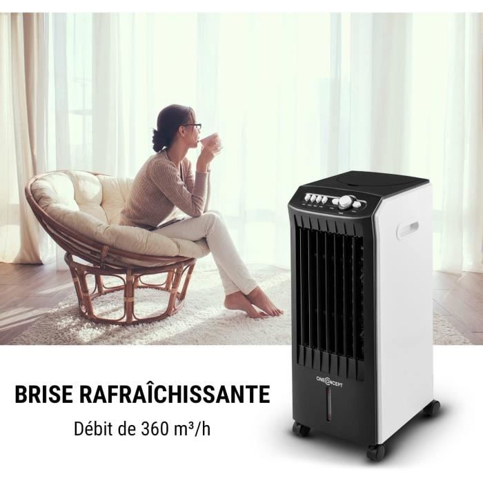 OneConcept Rafraîchisseur D'Air Mobile 3 En 1 - Ventilateur, Humidificateur Et Climatiseur Portable Sans Évacuation, 7L, 360m³/h, 2 Packs Glaçons