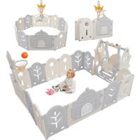 Parc Bébé 12+2 Panneaux Pliable, parc bebe avec panier de basket et balançoire, Parc pour enfants en Plastique, 205×164×72 cm, Gris
