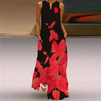 Robe longue rouge à fleurs pour femmes, grande taille, col en V