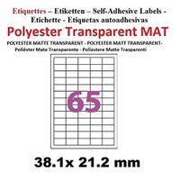 Planches de 65 étiquettes Transparentes 38.1 x 21.2 Autocollantes en Polyester Transparent Mat pour imprimante Laser résistantes à