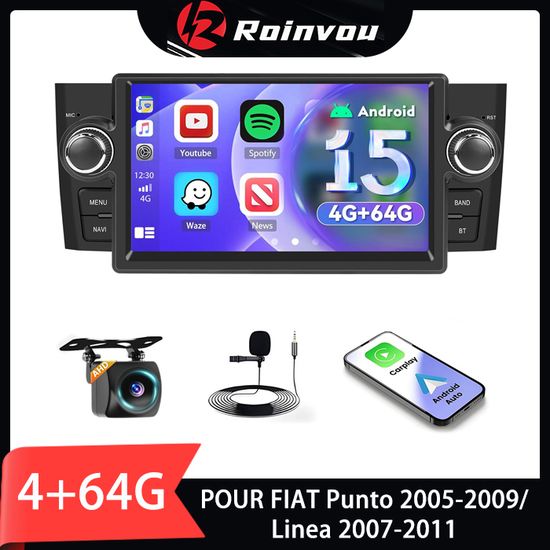 Inefala Android 15 Autoradio Voor Fiat Punto (2005-2009) & Linea (2007-2011) - 9" Touchscreen, 8-core 4+64GB, Draadloze CarPlay, GPS, Achteruitrijcamera