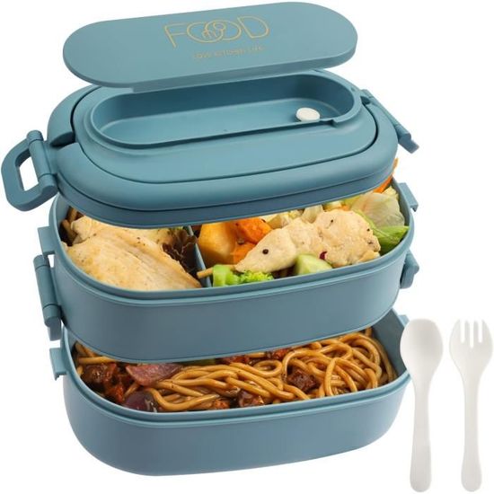 Boîte Repas Bento 3 Compartiments - Sans BPA - Avec Couverts - Pour Enfant Et Adulte - Couleur Bleue