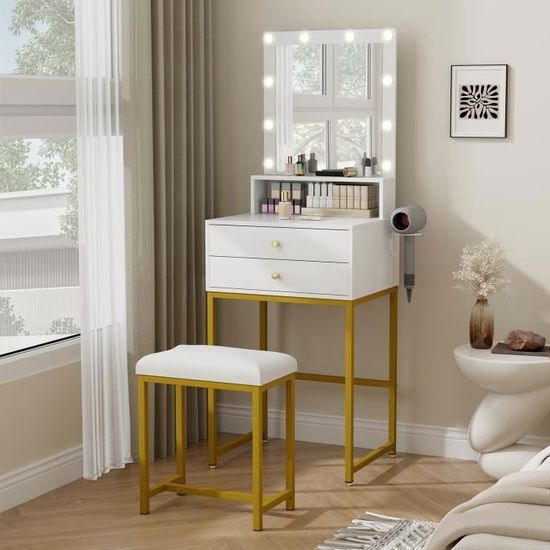 Coiffeuse Avec Miroir LED Réglable - 5 Tiroirs Et Tabouret - Blanc - Model T68