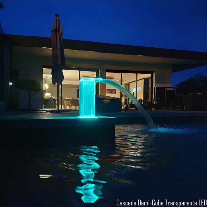 DESIGN MODERNE Cascade Fontaine Piscine Demi-Cube Acrylique Plexiglass Transparente LED