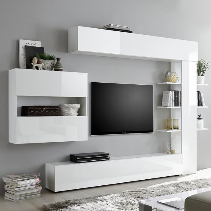 Ensemble meubles tv blanc laqué design FINO Blanc L 257 x P 30 x H 187 cm