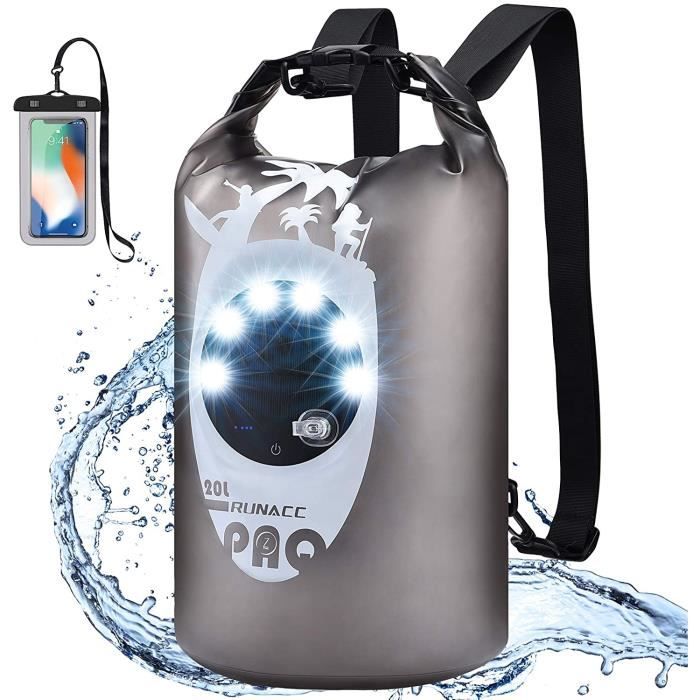 Sacs Etanche 20L avec Lumière De Camping à Chargement USB et SolaireSac Sec et étui de Téléphone étanche pour Le Kayak-Le Bateau-L