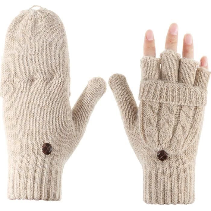 Mitaine Femme Hiver Chaud, Gant en Tricot de Câble Mitaines Demi Doigt avec Couverture pour Jours Froids (Beige)