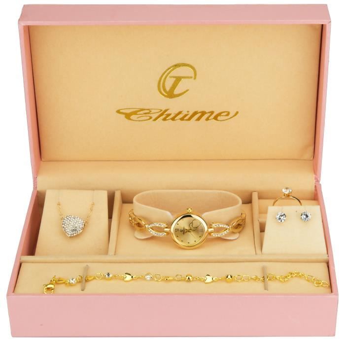 Coffret cadeau Montre Femme Or- Parure de Bijoux- Collier -Bague - Boucles d'oreilles - Bracelet