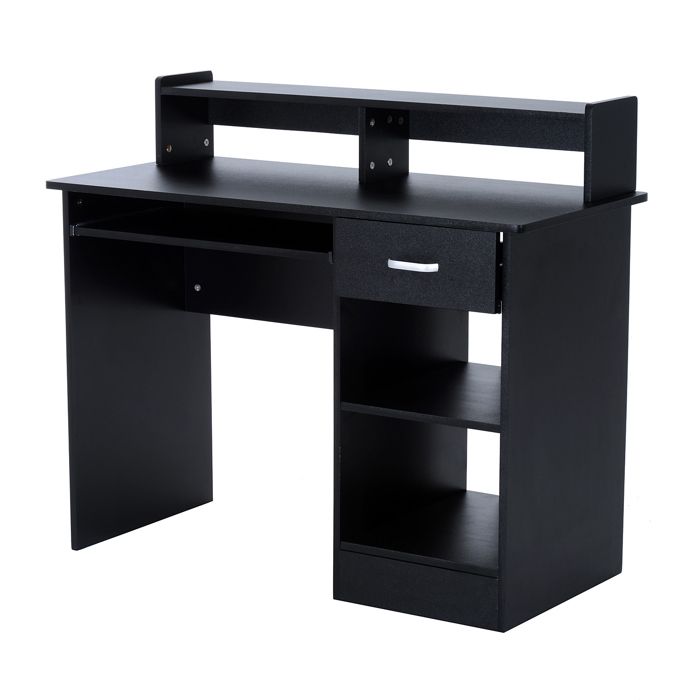 Bureau informatique multi-rangement tiroir et tablette coulissants, double niche et étagère design 106L x 50l x 94H cm noir neuf ...