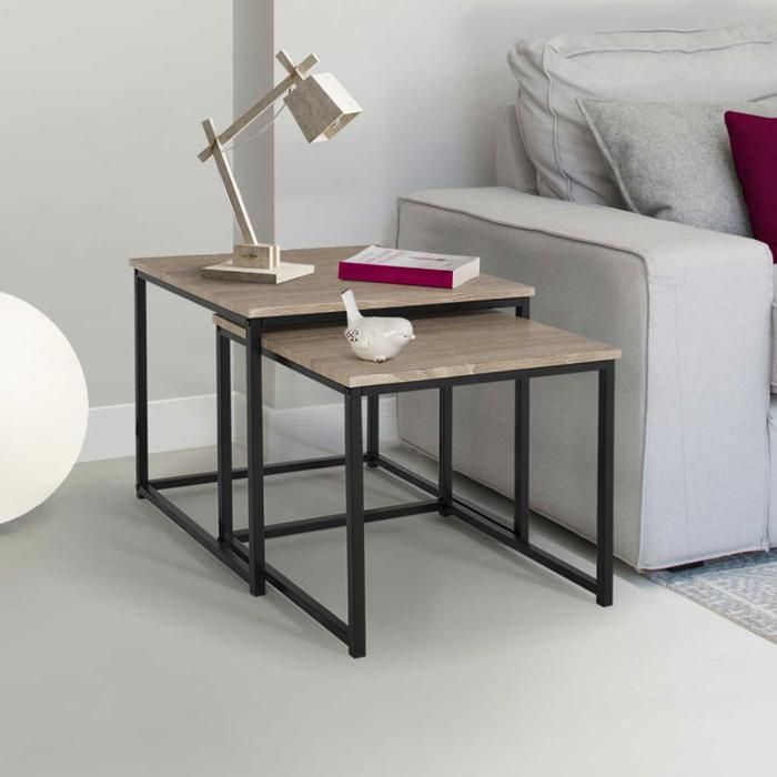 Lot de 2 tables basses gigognes design industriel bois et métal noir