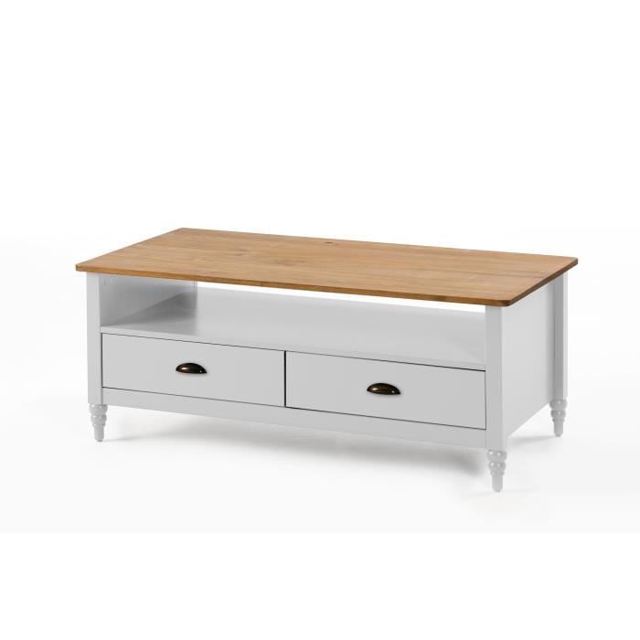 LAVANDE Table basse 2 tiroirs en pin massif - Décor blanc ciré - L 117 x P 60 x H 46 cm