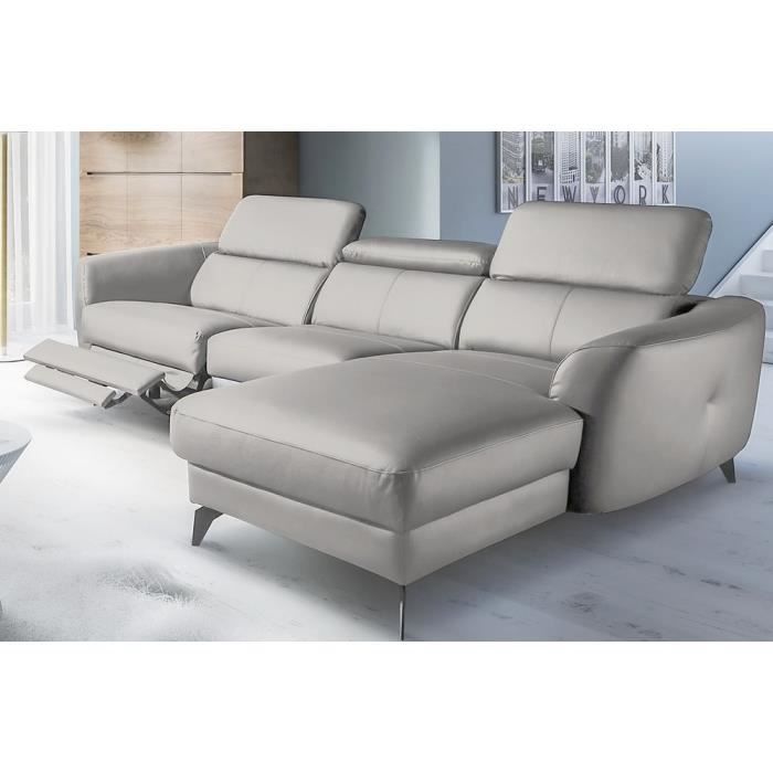 Canapé d'angle relax en cuir italien - Avec 1 relax électrique, 5 places - gris clair - angle droit (vu de face) - BERTONI –