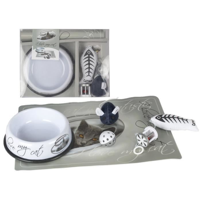 RIGA Coffret I Love My Cat - 1 set de protection 43 x 28 cm - 1 écuelle - 4 articles pour l'exercice et la distraction - Pour chat