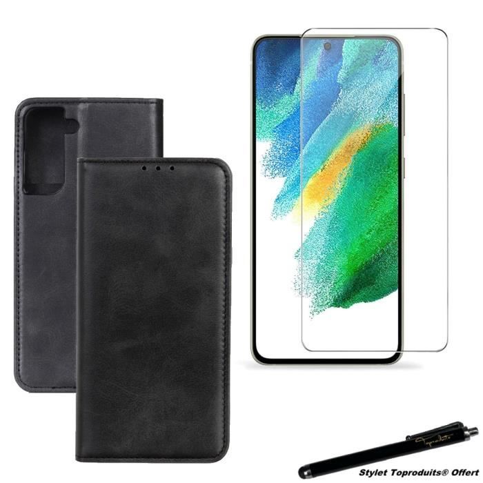 Etui portefeuille noir pour Samsung Galaxy S21 FE Housse à fermeture magnétique et Verre trempé 2,5D avec Stylet Toproduits®