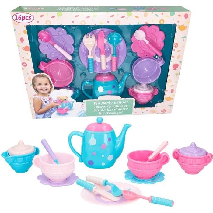 Coffret Dinette 16 Pièces - Service à Thé - Couleurs Originales - Avec Théière Bleu