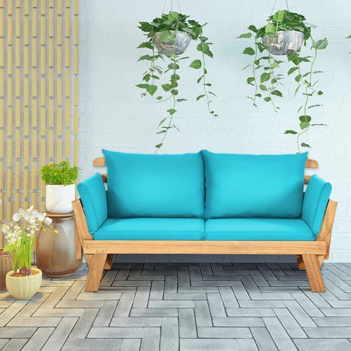 GOPLUS Canapé de Jardin Extensible 2 Places Charge 320 KG-Design 3 en 1 en Bois dAcacia Certifié FSC avec Coussins AmoviblesBleu