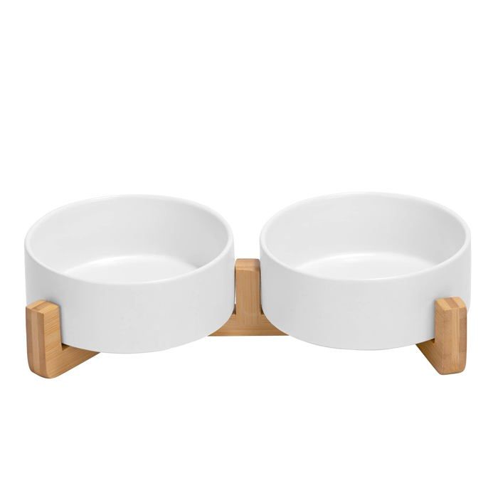 Gamelle Double en céramique avec Support en Bambou pour Chat et Chien (400ml Blanc)