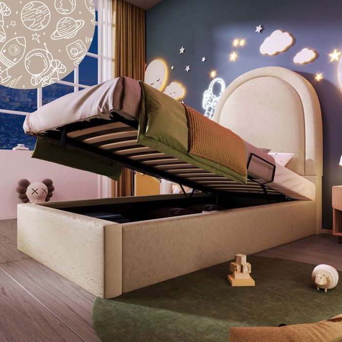 Lit coffre - 90x190 cm - Beige - Rembourré avec motif cosmique pour garçons et filles (sans matelas) Lit coffre - 90x190 cm - Beige - Rembourré avec motif cosmique pour garçons et filles (sans matelas)