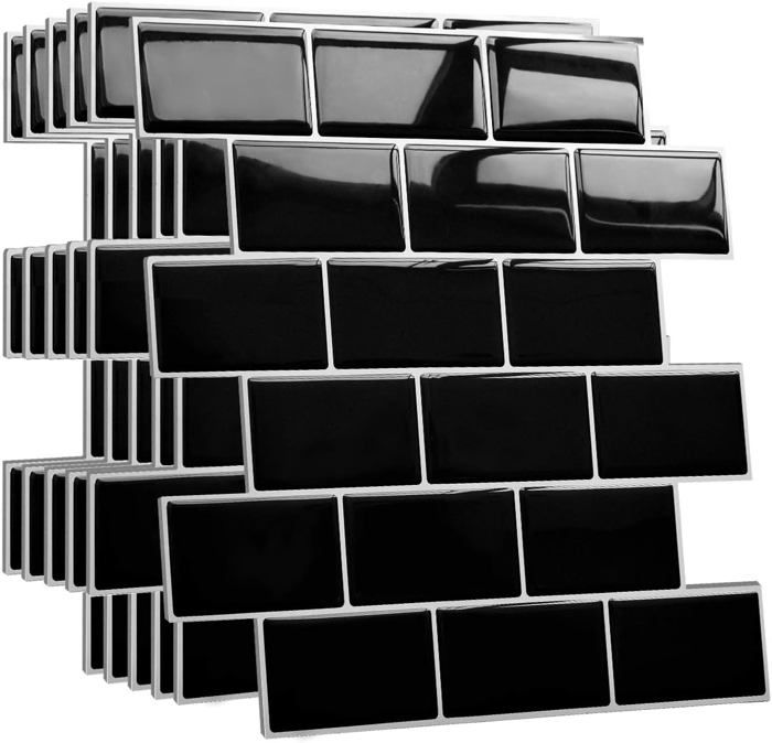 10 Carreaux Adhésifs Marbre Noir & Gris – Crédence Cuisine Mosaic Vinyle 30x30 Cm, Facile à Poser