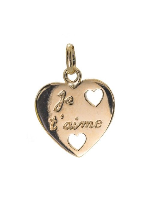Pendentif  coeur avec inscription JE TAIME et coeur percé en plaqué or véritable