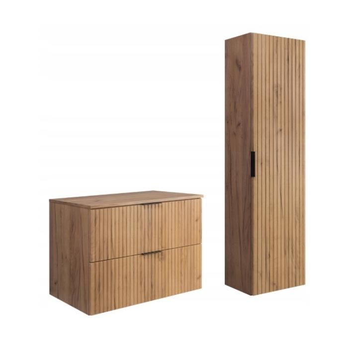 Ensemble de Meubles de Salle de Bain FLOW - Meuble pour Vasque à Poser 80 cm et Armoire Murale - Chêne
