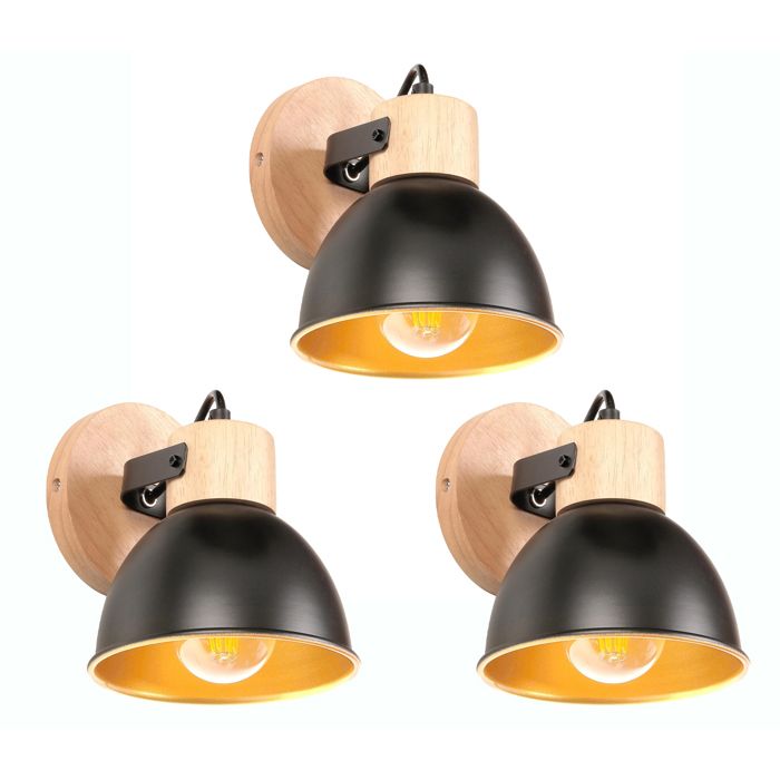 iDEGU 3pcs Applique Murale Industriel Spot LED 15cm Lampe Murale Intétrieur en Bois Fer Design Vintage Luminaire Réglable Noir Or