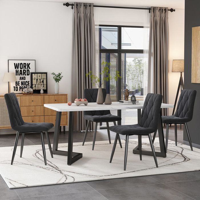 Table a Manger et Chaise 117x68x75 cm Table a Manger avec 4 Chaises en Velours Twill Gris Foncé Pieds de Table Noirs