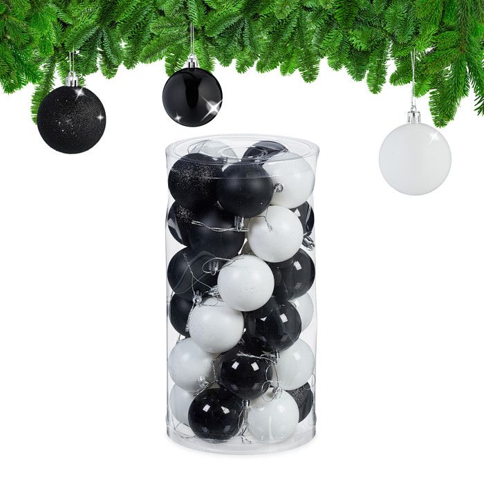 Relaxdays 50 Boules De Noël Noires Et Blanches - Mates, Brillantes Et Pailletées - Décoration Sapin