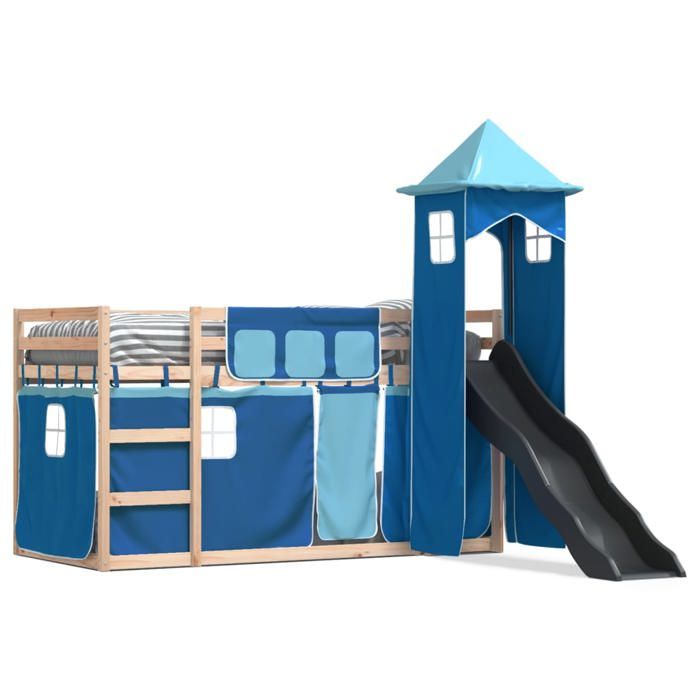 Lit simple Contemporain Lit superposé enfant sans matelas avec toboggan et rideaux 80x200 cm - 1 Place SP13960BED14725506