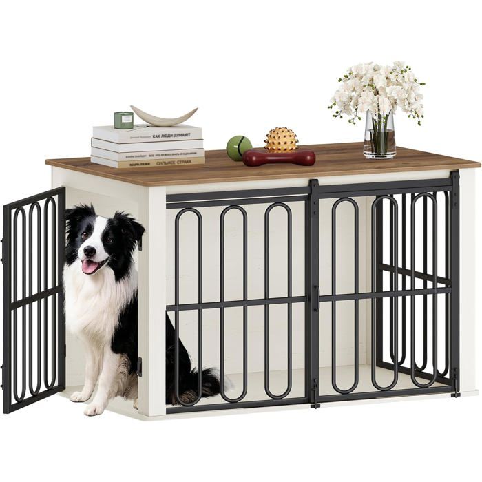 Cage pour Chien pour la Maison avec Porte Coulissante 2 Portes pour Chiens de Petite et MoyenBlanc et Marron100 × 60 × 624 cm