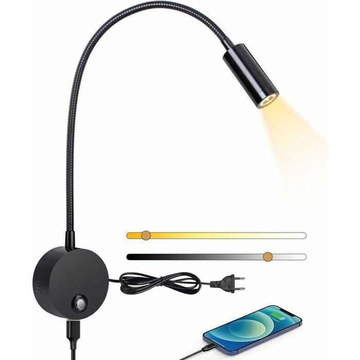 Liseuse Murale LED Pivotante 360° Interrupteur Tactile Dimmable USB 3000-6000K Noir [Classe A]