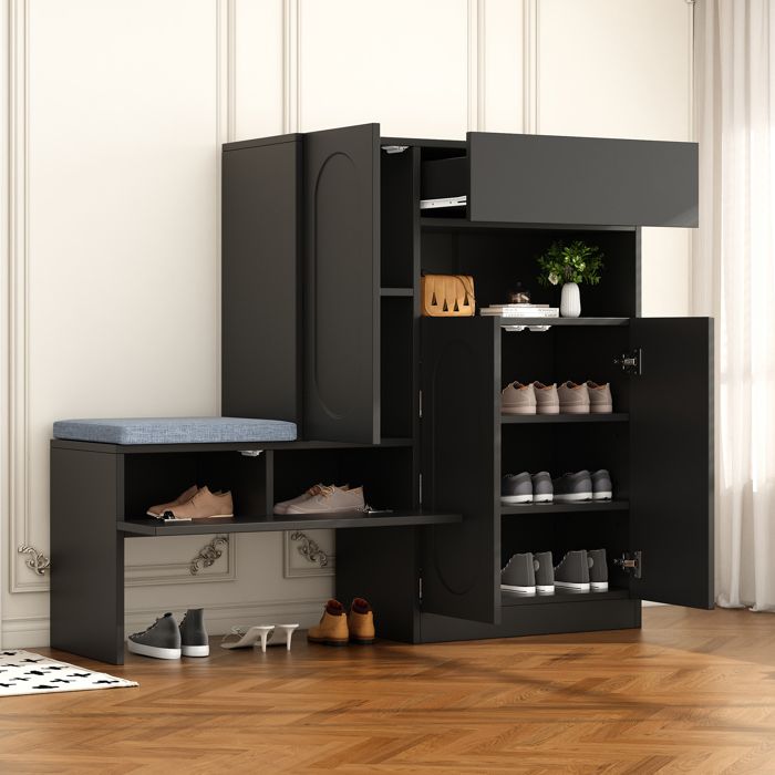 Meuble à chaussures multifonctionnelle - avec un siège rembourré - avec 4 portes et 1 tiroir - Noir