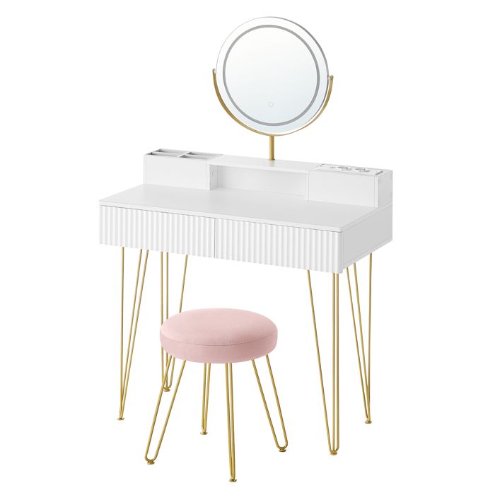 Coiffeuse - L 80 cm - Miroir Pivotant - Éclairage - Multiprise - Blanc et Doré