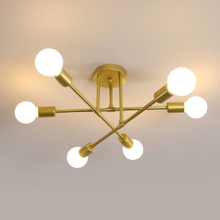 Lustre industriel - NIUNIAJ - Lustre 6 Lumières Sputnik Doré - 6 lampes - Métal doré - Culot E27