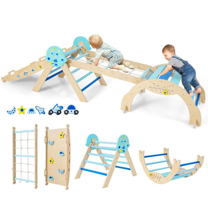 Triangle dEscalade COSTWAY Jouet Montessori 8 en 1 Aire de Jeux Intérieur à Thème Planètes en Bois Massif